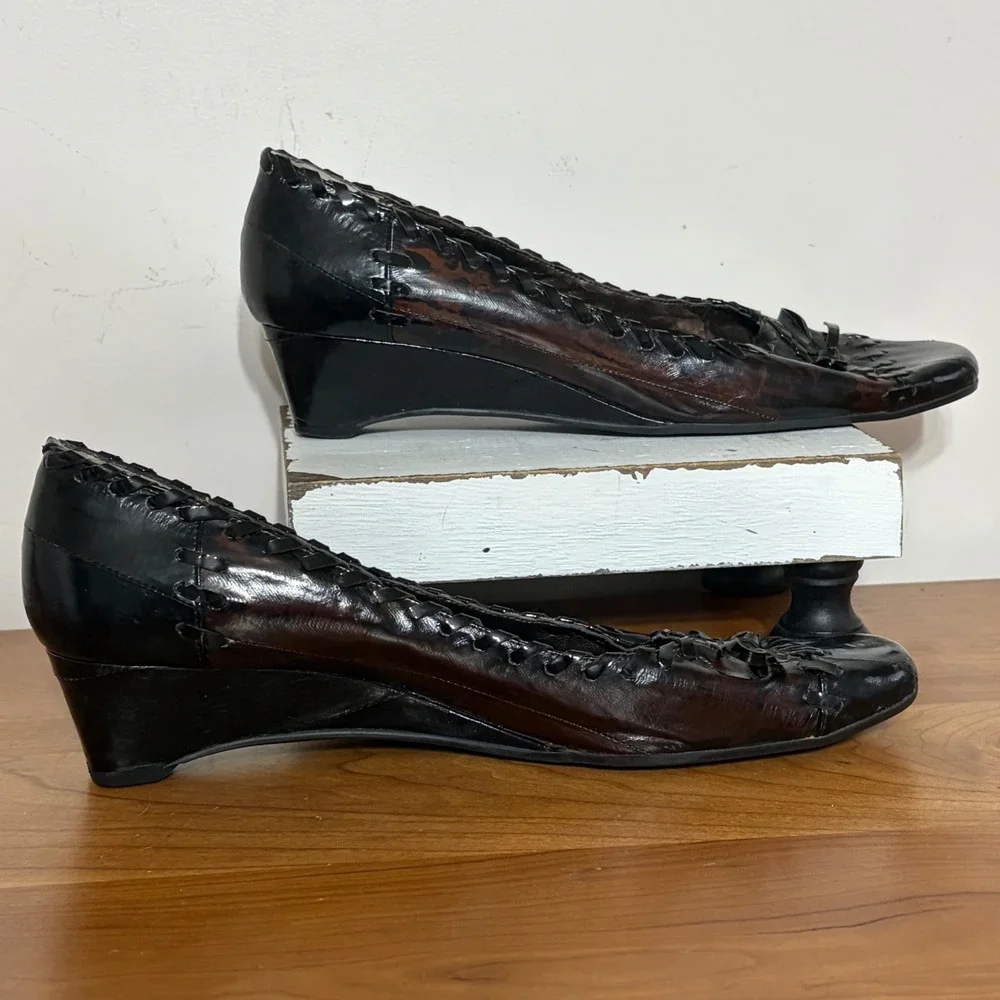 Van Eli Womens Brown Black Wedge Pumps Square Toe Bow Whipstitch Size 8.5 N